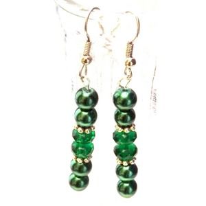Green Glass Earrings and Silvertone Accents 929